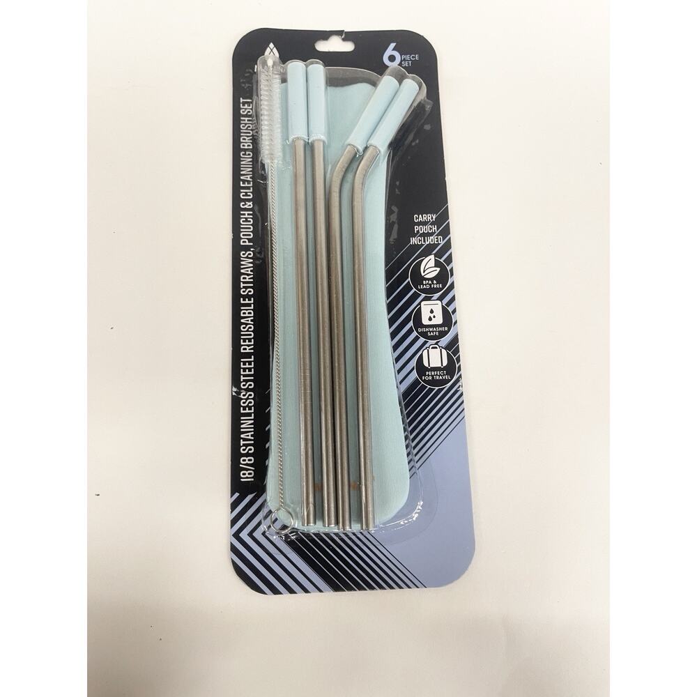 Set of 6 Stainless Steel Reusable Straw‎ Pouch & Cleaning Brush Set TEAL